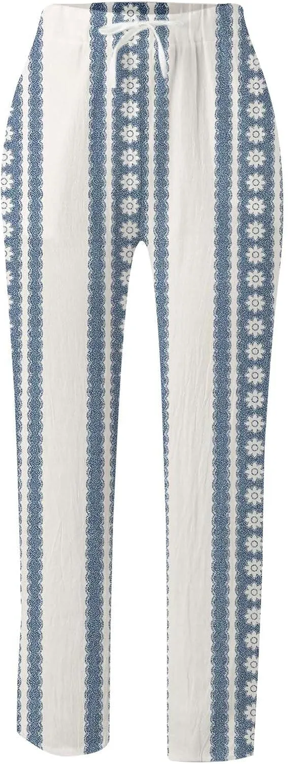 Women's Linen Blend Summer Printed Pant Trousers Elastic Waist Wide Leg Slim-Fit Pants Work Business