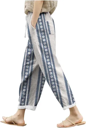 Women's Linen Blend Summer Printed Pant Trousers Elastic Waist Wide Leg Slim-Fit Pants Work Business
