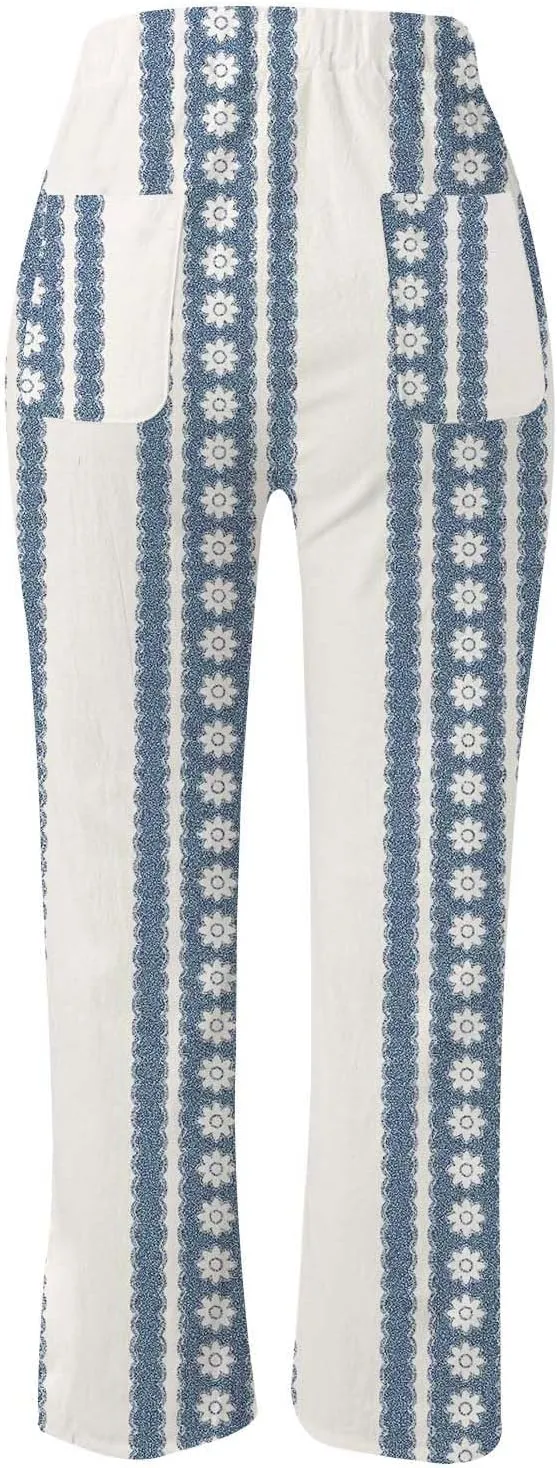 Women's Linen Blend Summer Printed Pant Trousers Elastic Waist Wide Leg Slim-Fit Pants Work Business