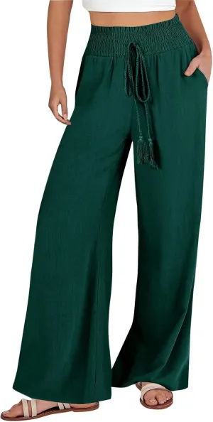 Women's Linen Palazzo Lounge Pants Summer Casual Loose High Waist Wide Leg Pant Drawstring Straight Leg Trousers