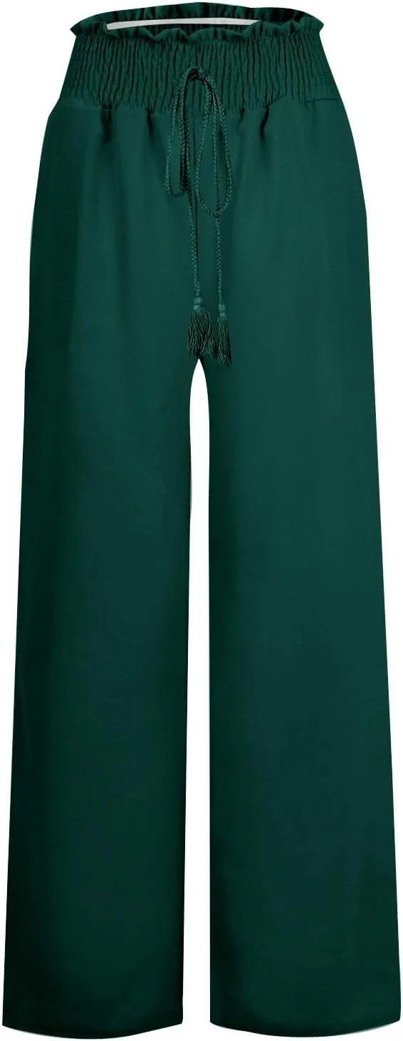 Women's Linen Palazzo Lounge Pants Summer Casual Loose High Waist Wide Leg Pant Drawstring Straight Leg Trousers