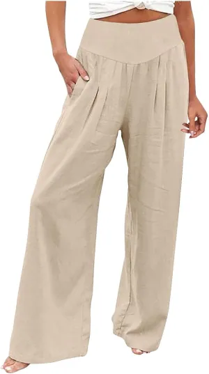 Womens Linen Summer Baggy Pants Low Waist Wide Leg Slim Fit Trousers Office