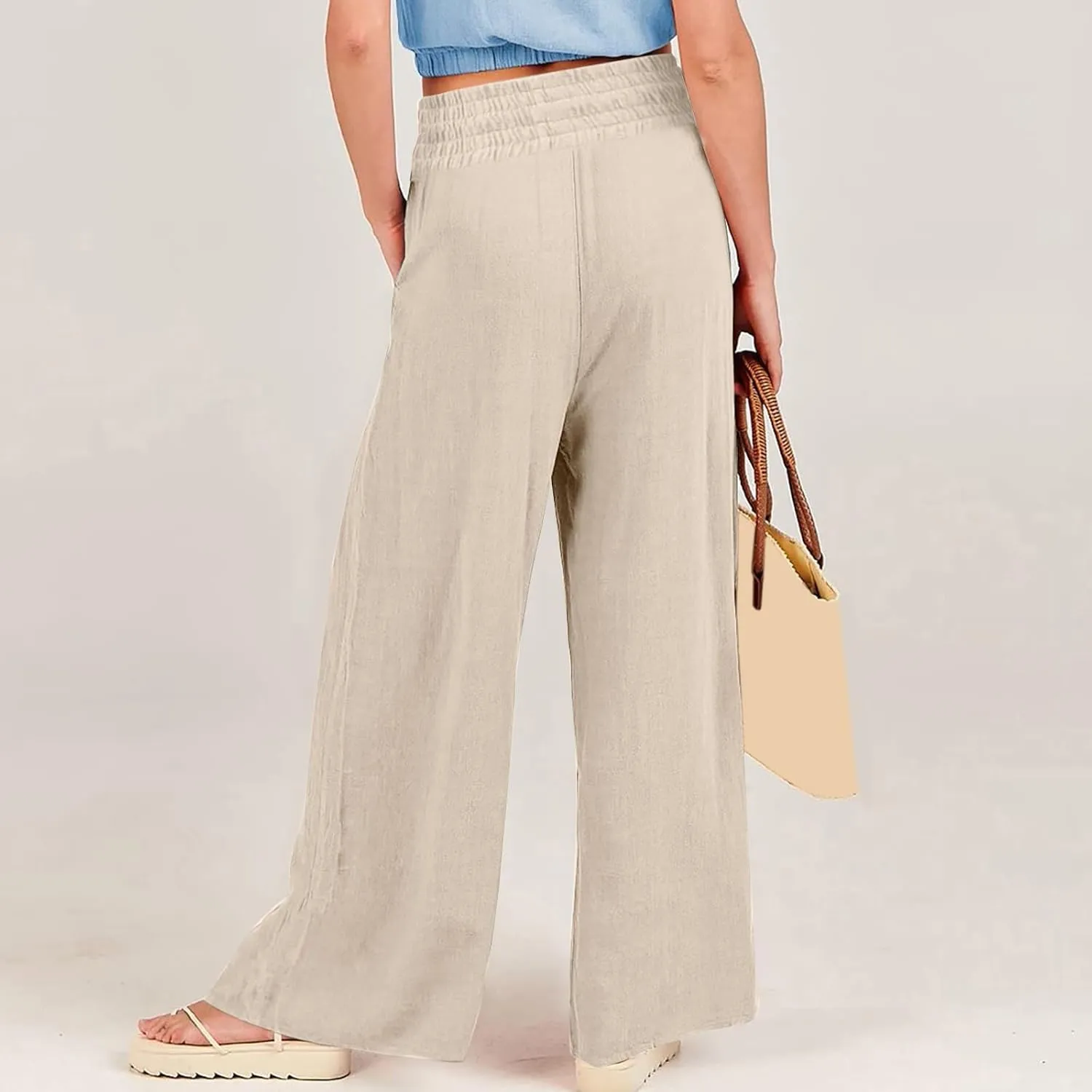 Womens Linen Summer Baggy Pants Low Waist Wide Leg Slim Fit Trousers Office