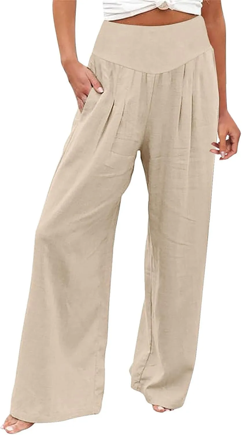Womens Linen Summer Baggy Pants Low Waist Wide Leg Slim Fit Trousers Office