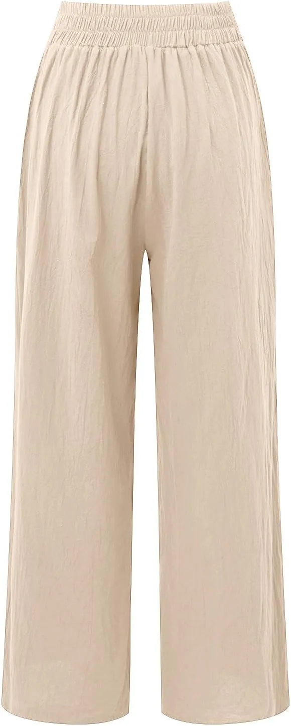 Womens Linen Summer Baggy Pants Low Waist Wide Leg Slim Fit Trousers Office