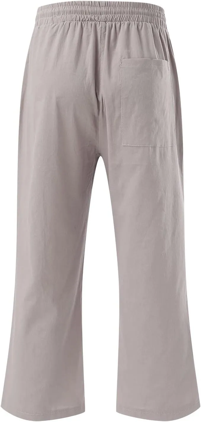 Womens Linen Summer Boho Pant Trousers Elastic Waist Ankle Length Loose Fit Palazzo Lounge Pants Trendy