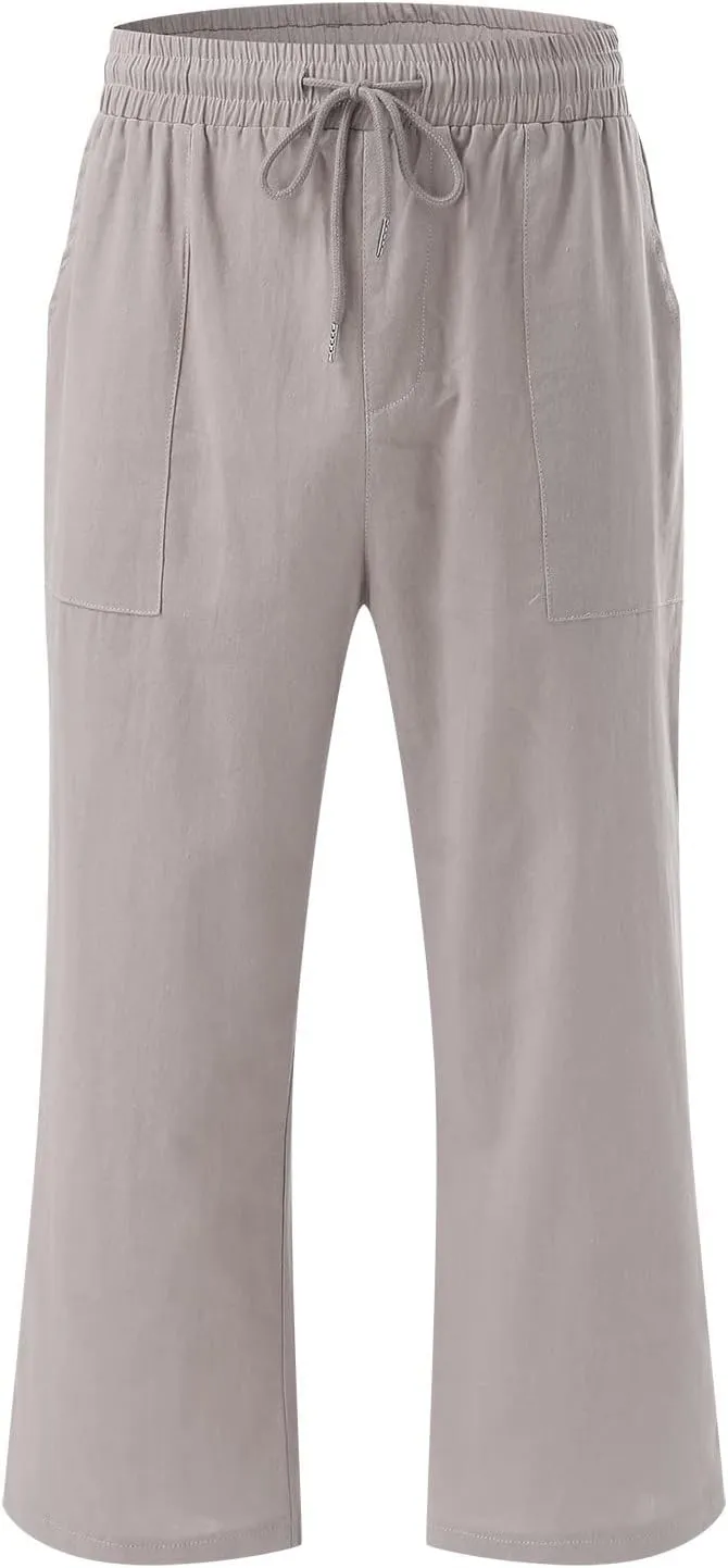 Womens Linen Summer Boho Pant Trousers Elastic Waist Ankle Length Loose Fit Palazzo Lounge Pants Trendy
