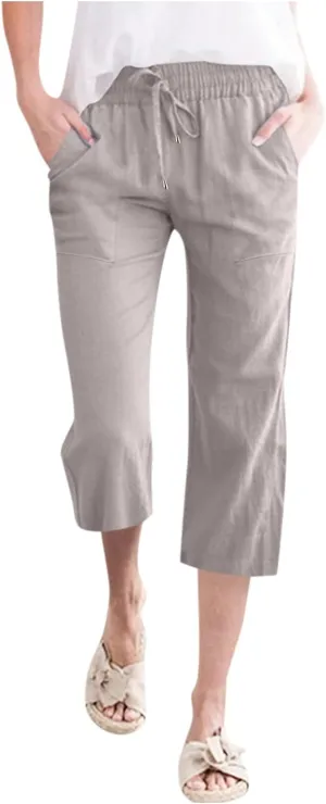 Womens Linen Summer Boho Pant Trousers Elastic Waist Ankle Length Loose Fit Palazzo Lounge Pants Trendy