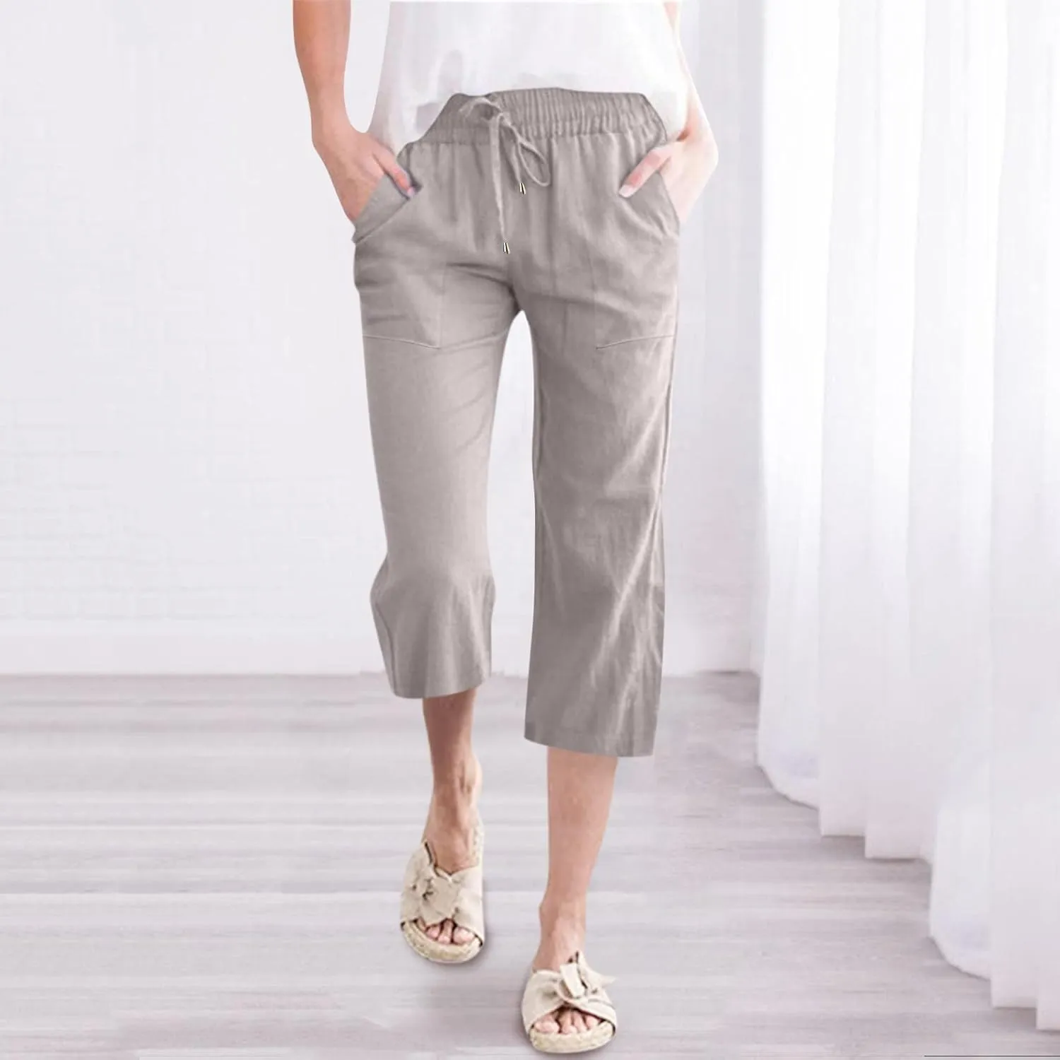 Womens Linen Summer Boho Pant Trousers Elastic Waist Ankle Length Loose Fit Palazzo Lounge Pants Trendy