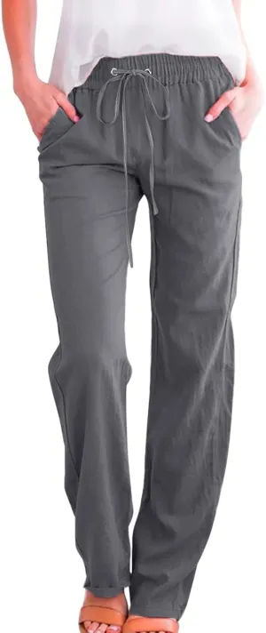 Womens Linen Summer Trendy Palazzo Pants High Waist Wide Leg Slim Fit Palazzo Pants Business Work