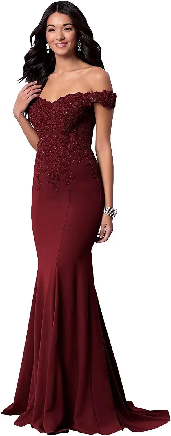 Women's Off The Shoulder Mermaid Prom Dresses Long Chiffon Bridesmaid Dress Formal Evening Gown Burgundy US10