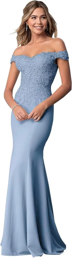 Women's Off The Shoulder Mermaid Prom Dresses Long Chiffon Bridesmaid Dress Formal Evening Gown Dusty Blue US10