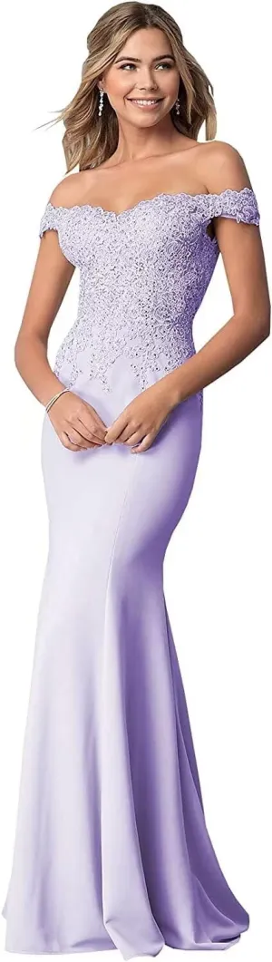 Women's Off The Shoulder Mermaid Prom Dresses Long Chiffon Bridesmaid Dress Formal Evening Gown Lavender US4