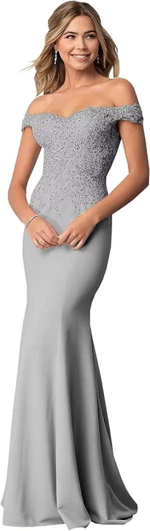 Women's Off The Shoulder Mermaid Prom Dresses Long Chiffon Bridesmaid Dress Formal Evening Gown Silver US20W
