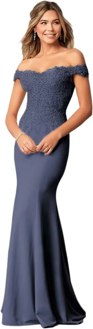 Women's Off The Shoulder Mermaid Prom Dresses Long Chiffon Bridesmaid Dress Formal Evening Gown Stormy Blue US20W