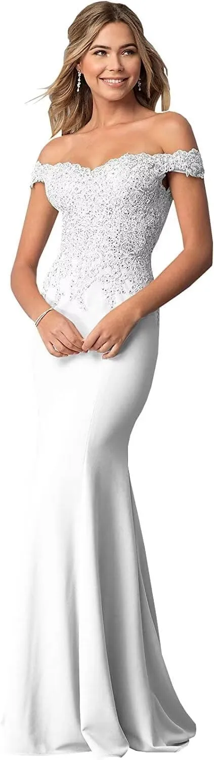 Women's Off The Shoulder Mermaid Prom Dresses Long Chiffon Bridesmaid Dress Formal Evening Gown White US10