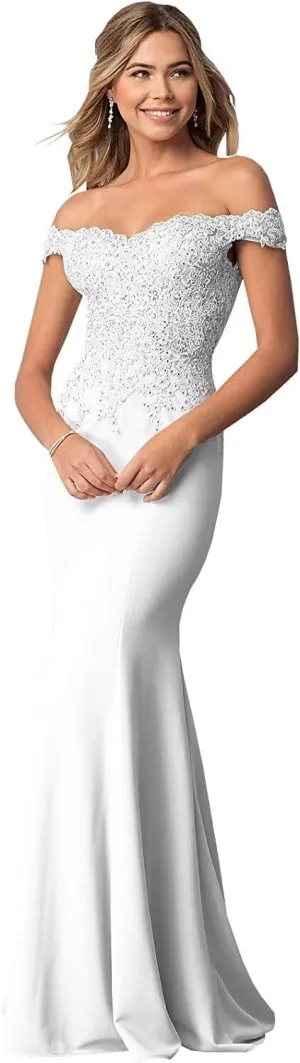 Women's Off The Shoulder Mermaid Prom Dresses Long Chiffon Bridesmaid Dress Formal Evening Gown White US10