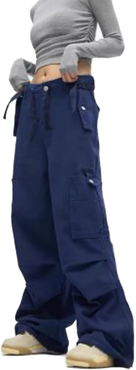 Womens Parachute Pants Wide Leg Baggy Pants Y2k Elastic Waist Y2k Cargo Pants Trousers with Pockets