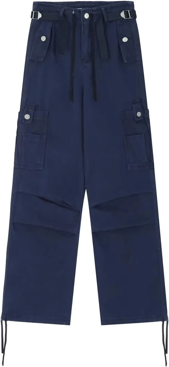 Womens Parachute Pants Wide Leg Baggy Pants Y2k Elastic Waist Y2k Cargo Pants Trousers with Pockets