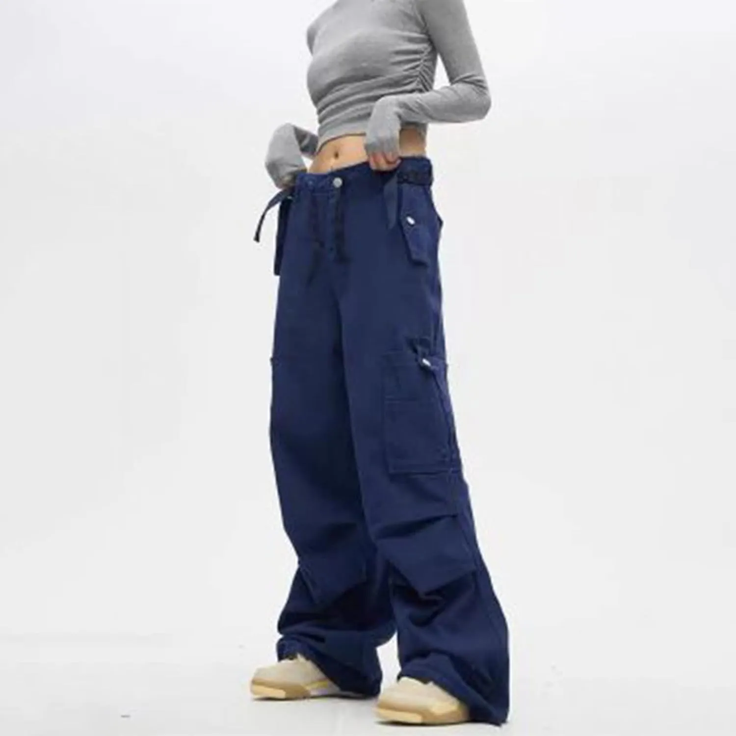 Womens Parachute Pants Wide Leg Baggy Pants Y2k Elastic Waist Y2k Cargo Pants Trousers with Pockets