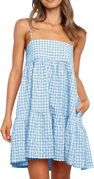 Womens Plaid A-line Dresses Shoulder Straps Ruffle Hem Casual Mini Dress with Side Pocket
