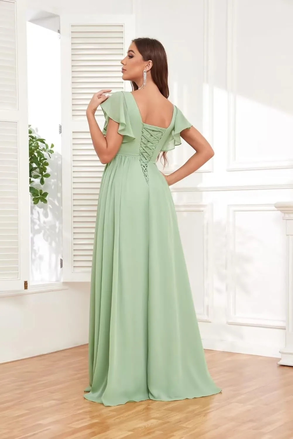Women's Pleated V-Neck Chiffon Bridesmaid Dresses with Sleeves for Wedding Long Split Corset Formal Dress