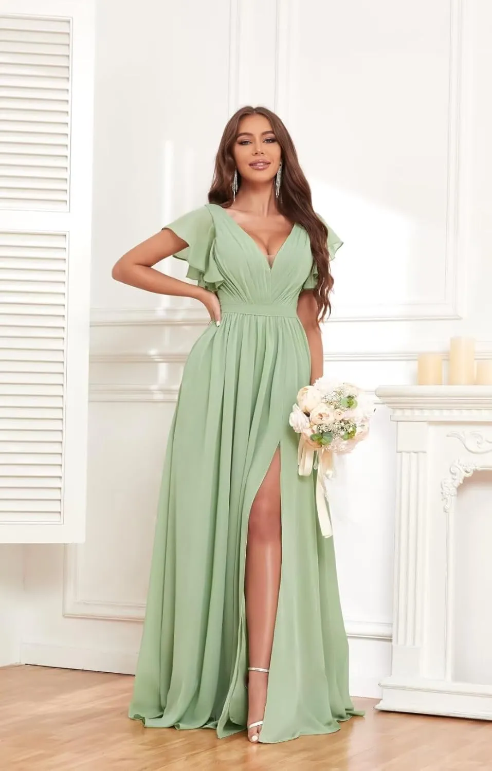 Women's Pleated V-Neck Chiffon Bridesmaid Dresses with Sleeves for Wedding Long Split Corset Formal Dress