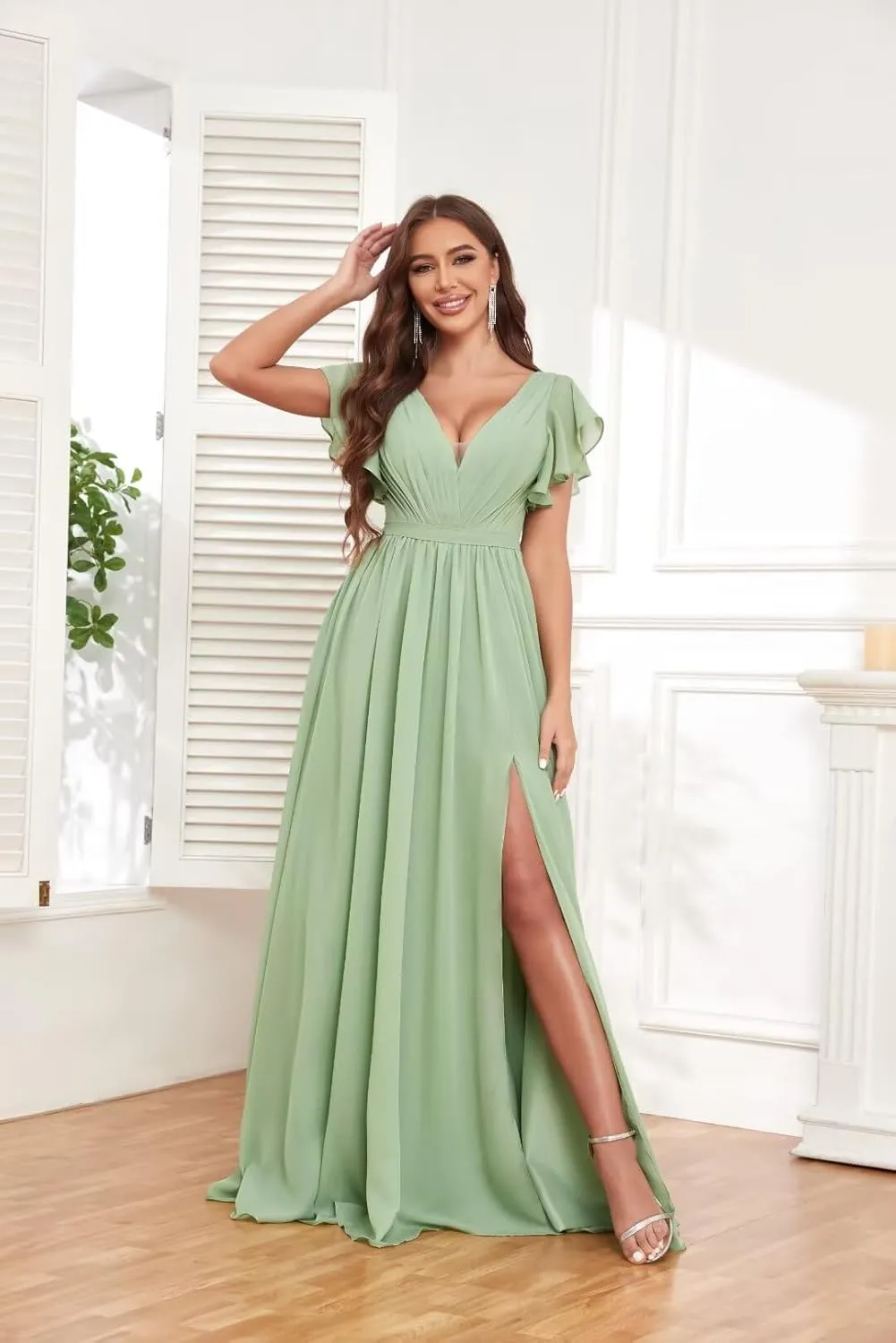 Women's Pleated V-Neck Chiffon Bridesmaid Dresses with Sleeves for Wedding Long Split Corset Formal Dress