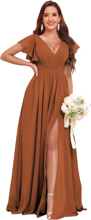 Women's Pleated V-Neck Chiffon Bridesmaid Dresses with Sleeves for Wedding Long Split Corset Formal Dress