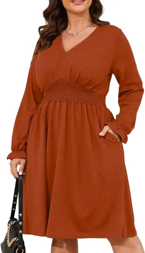Womens Plus Size Long Sleeve Midi Dress Empire Waist V Neck Dress A Line for Wedding Guest