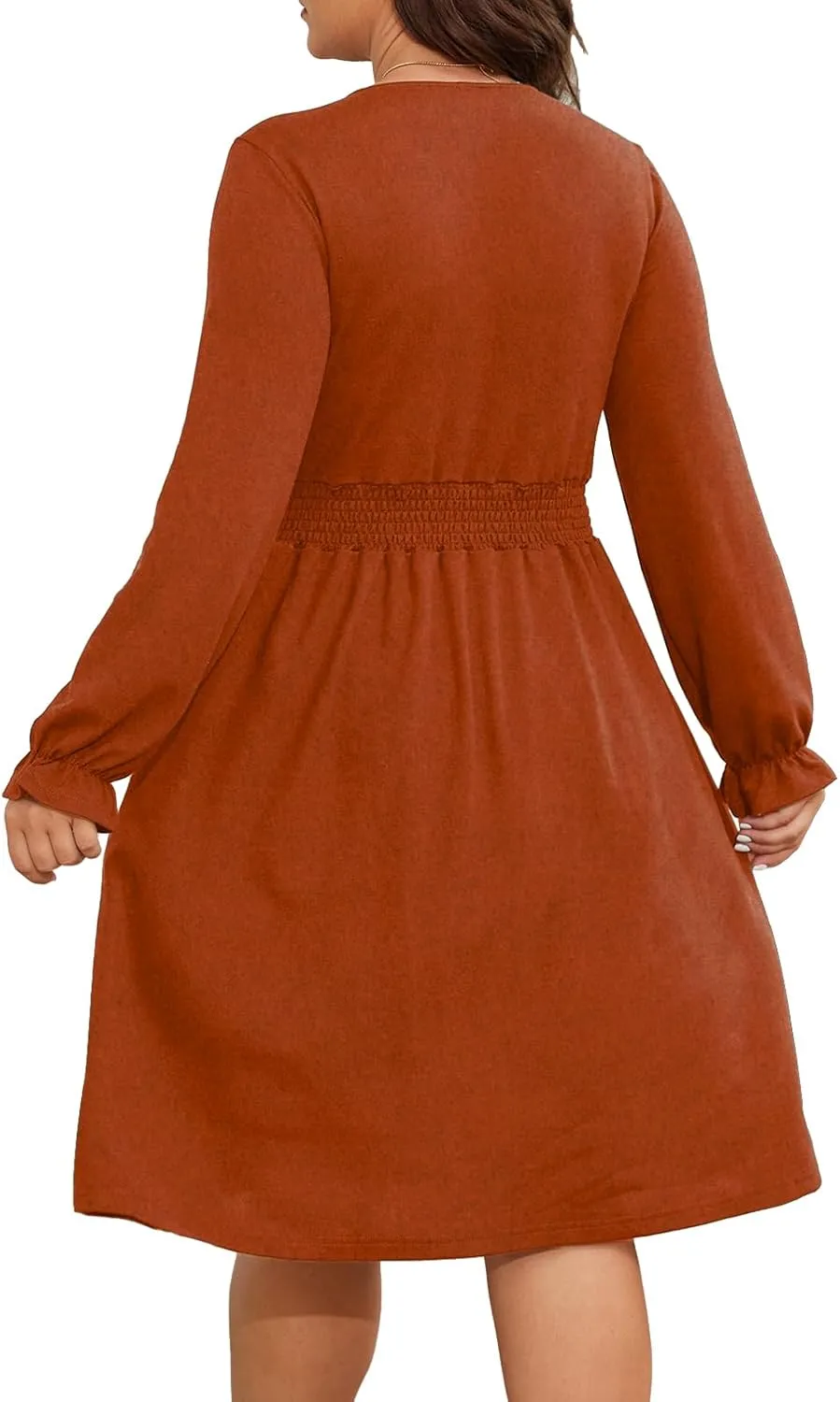 Womens Plus Size Long Sleeve Midi Dress Empire Waist V Neck Dress A Line for Wedding Guest