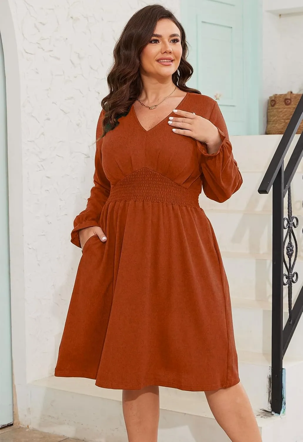 Womens Plus Size Long Sleeve Midi Dress Empire Waist V Neck Dress A Line for Wedding Guest