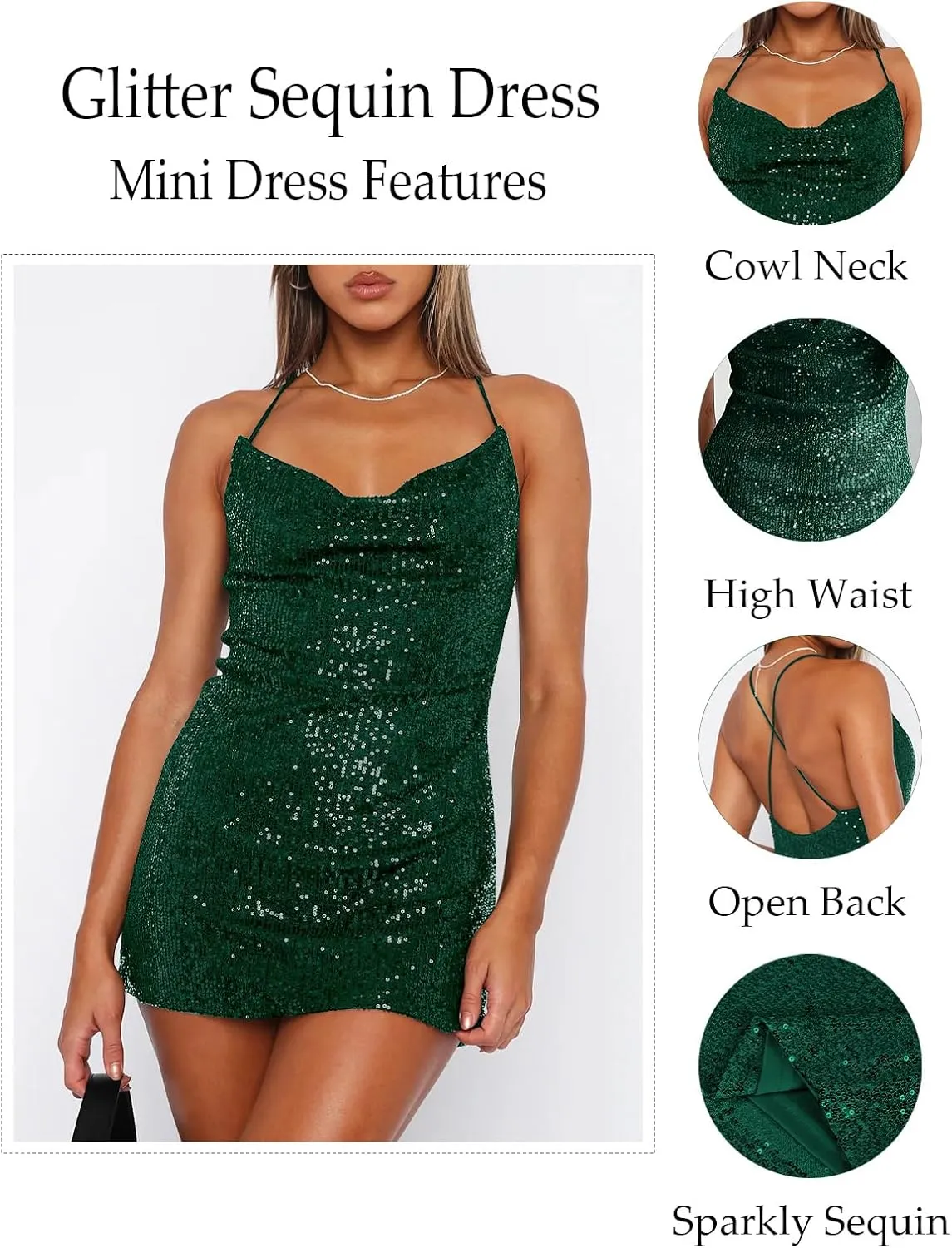 Women's Sequin Sparkly Glitter Dress Sexy Sleeveless Backless Spaghetti Strap Party Club Bodycon Mini Dress