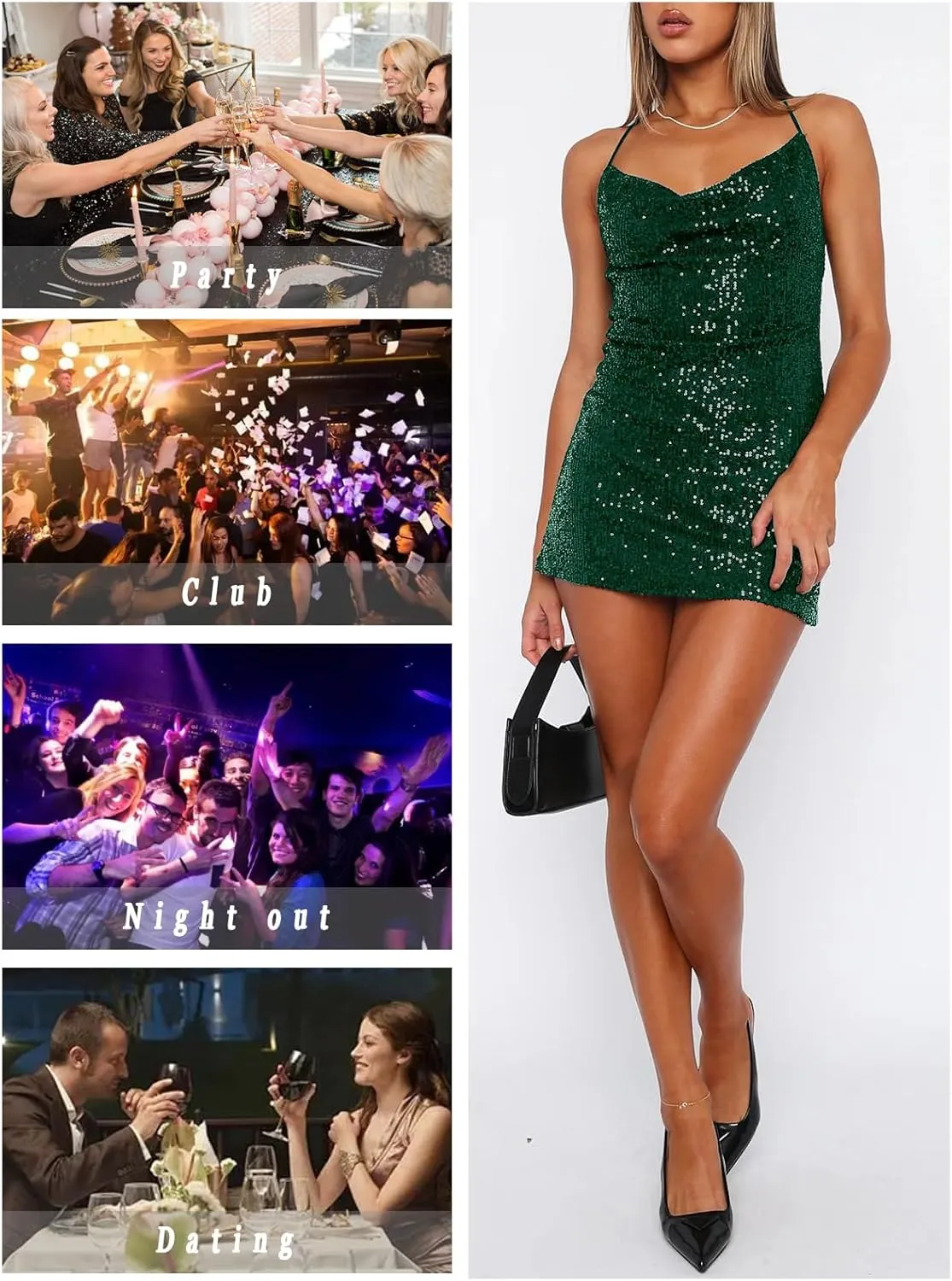 Women's Sequin Sparkly Glitter Dress Sexy Sleeveless Backless Spaghetti Strap Party Club Bodycon Mini Dress