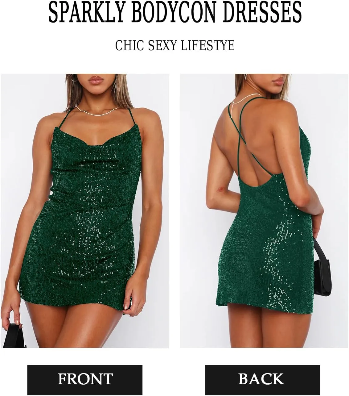 Women's Sequin Sparkly Glitter Dress Sexy Sleeveless Backless Spaghetti Strap Party Club Bodycon Mini Dress