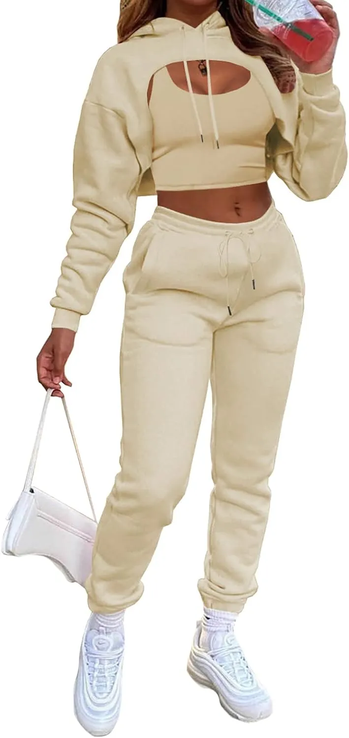 Women's Sexy 3 Piece Tracksuits - Long Sleeve Pullover Crop Top Hoodie  Tank Top Drawstring Long Pants Sweatsuit
