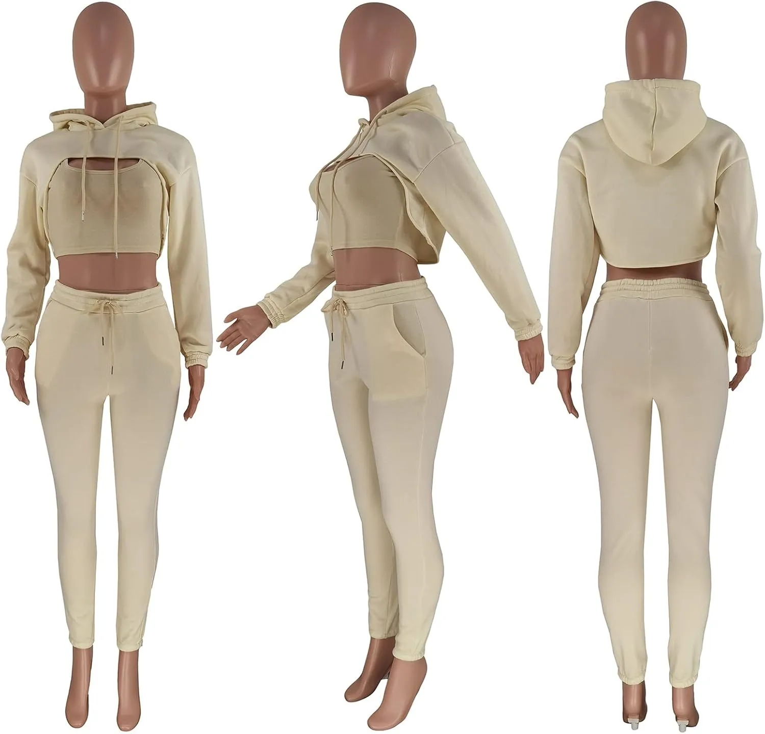 Women's Sexy 3 Piece Tracksuits - Long Sleeve Pullover Crop Top Hoodie  Tank Top Drawstring Long Pants Sweatsuit