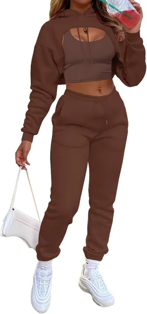 Women's Sexy 3 Piece Tracksuits - Long Sleeve Pullover Crop Top Hoodie  Tank Top Drawstring Long Pants Sweatsuit