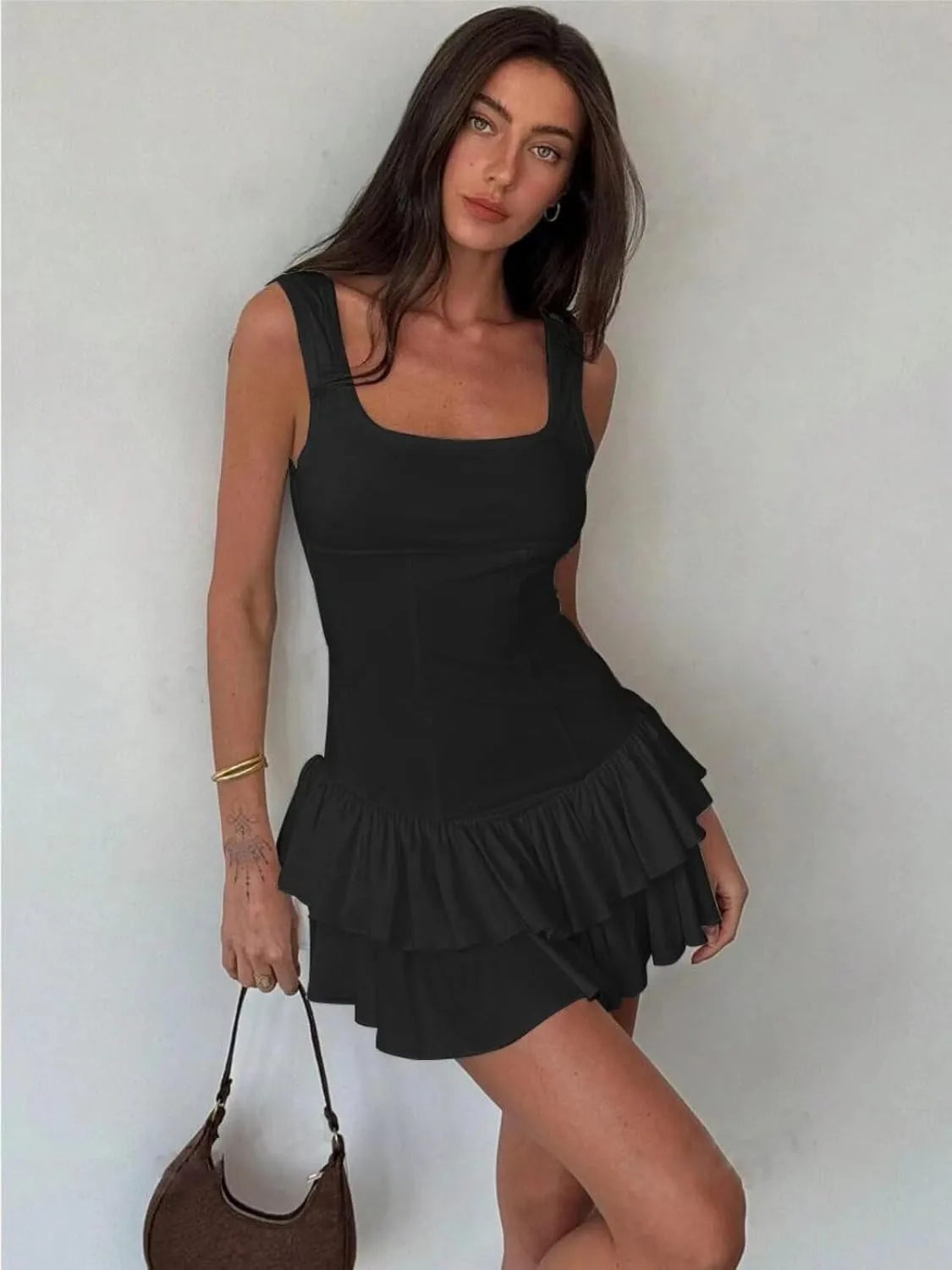 Women's Sexy Mini Dress 2025 Summer Square Neck Ruffle Ruched Corset Party Club Tank Short Dresses