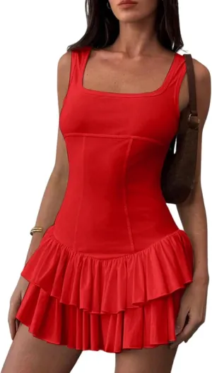 Women's Sexy Mini Dress 2025 Summer Square Neck Ruffle Ruched Corset Party Club Tank Short Dresses
