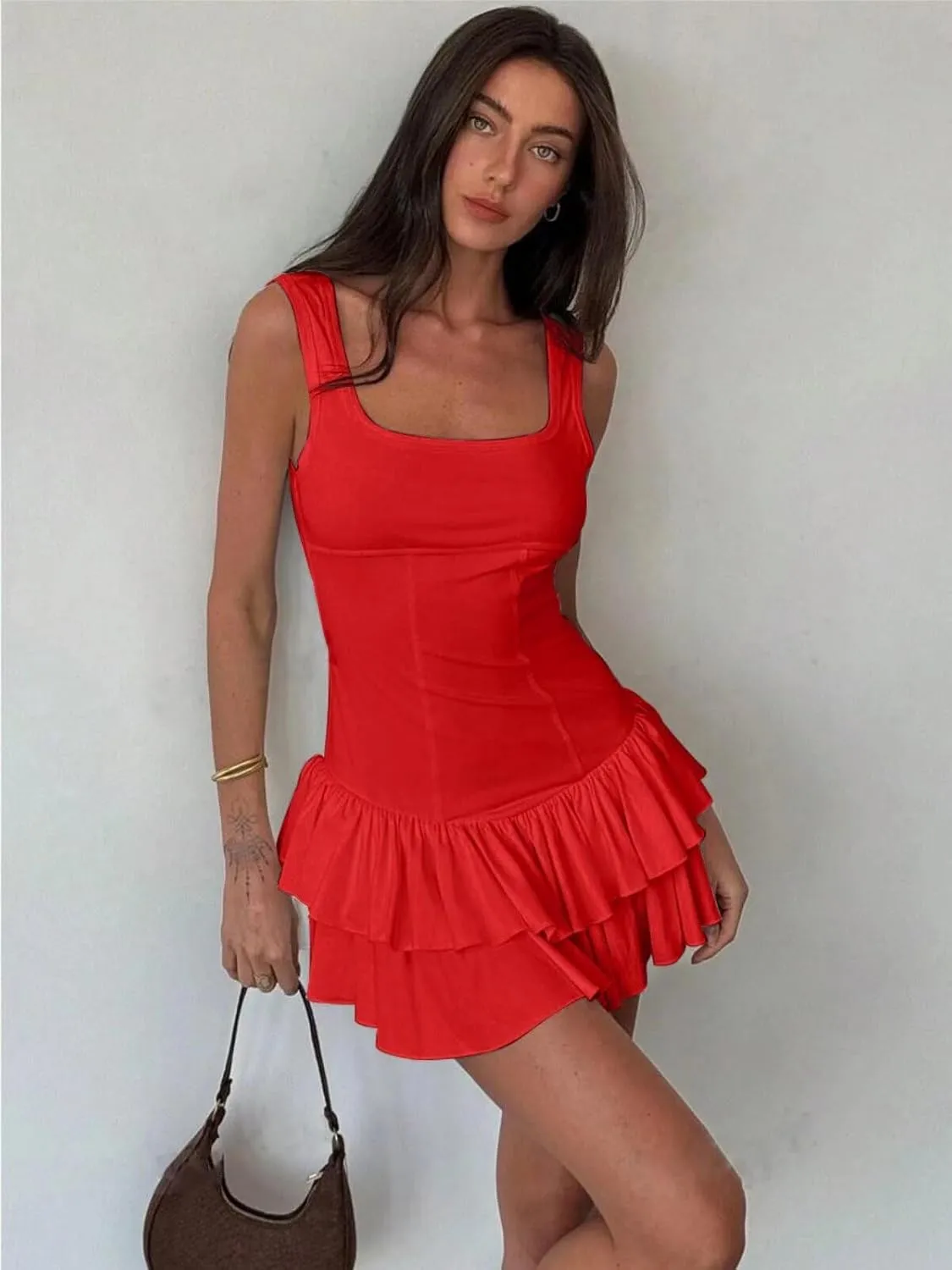Women's Sexy Mini Dress 2025 Summer Square Neck Ruffle Ruched Corset Party Club Tank Short Dresses