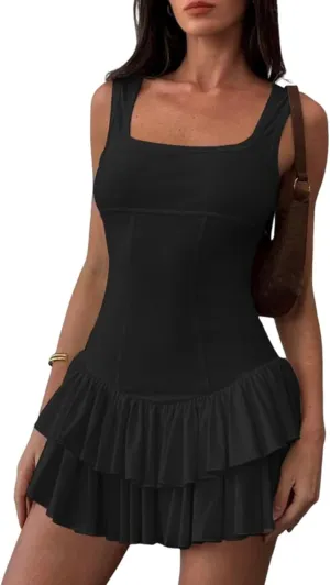 Women's Sexy Mini Dress 2025 Summer Square Neck Ruffle Ruched Corset Party Club Tank Short Dresses