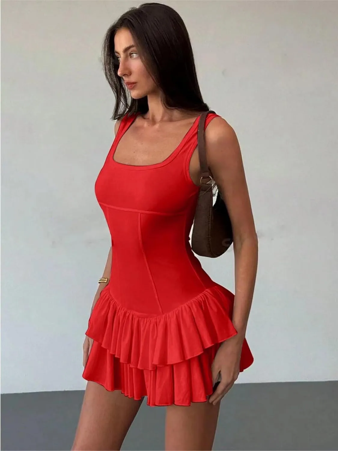 Women's Sexy Mini Dress 2025 Summer Square Neck Ruffle Ruched Corset Party Club Tank Short Dresses