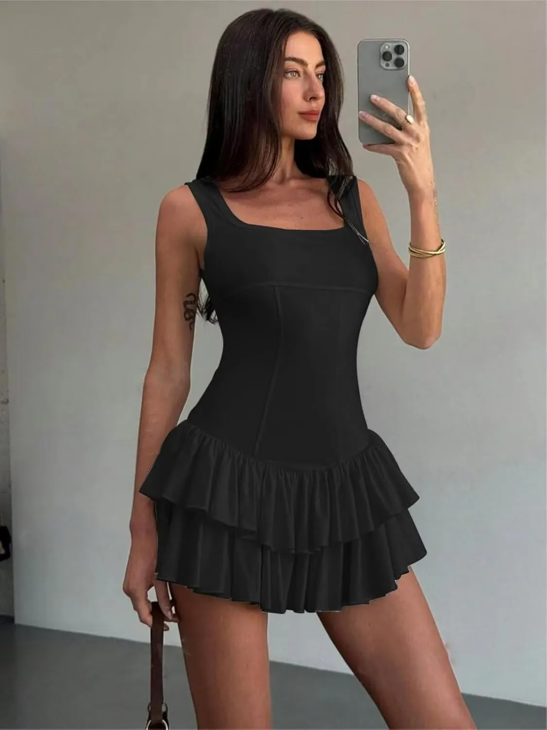 Women's Sexy Mini Dress 2025 Summer Square Neck Ruffle Ruched Corset Party Club Tank Short Dresses