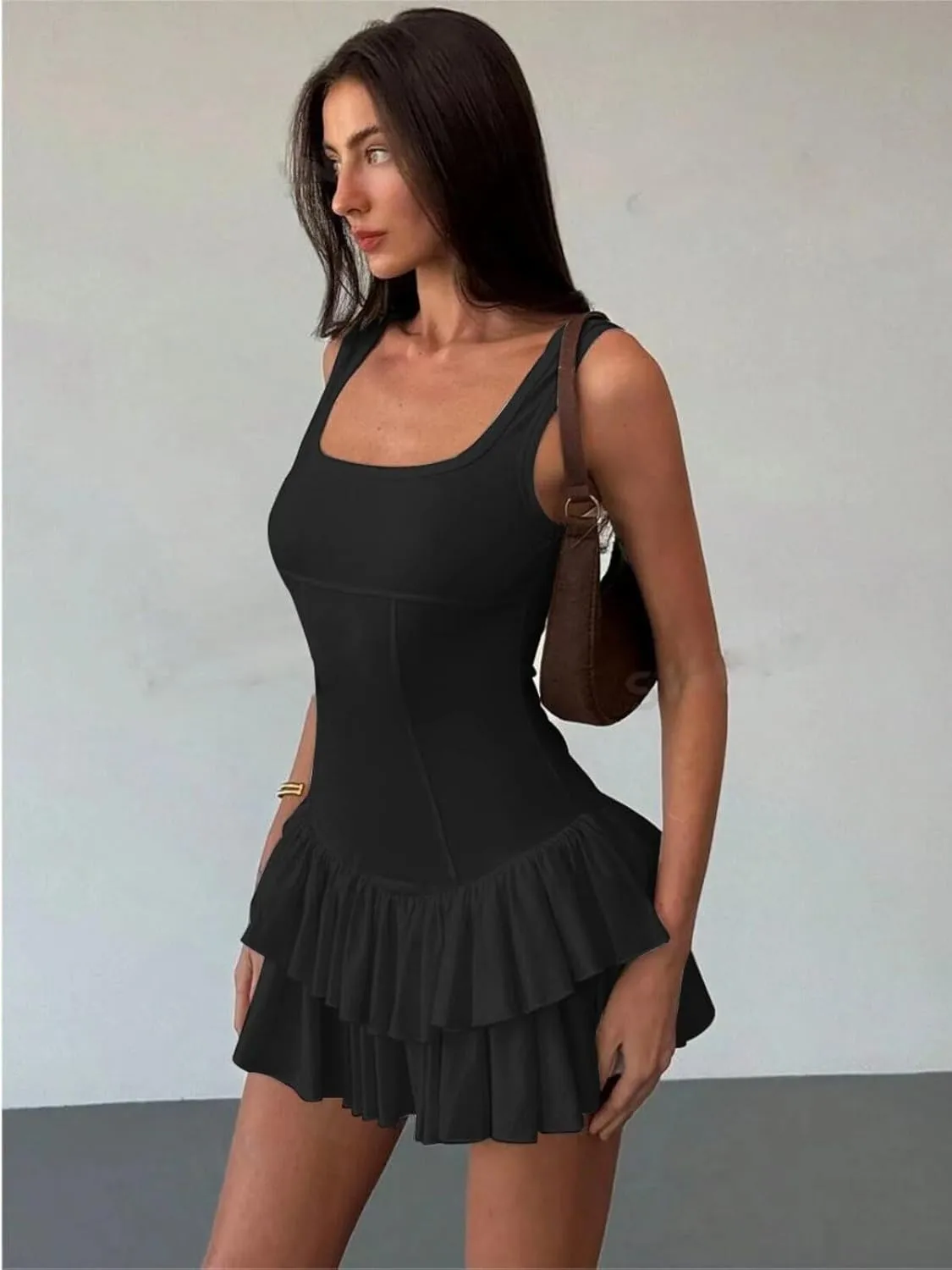 Women's Sexy Mini Dress 2025 Summer Square Neck Ruffle Ruched Corset Party Club Tank Short Dresses