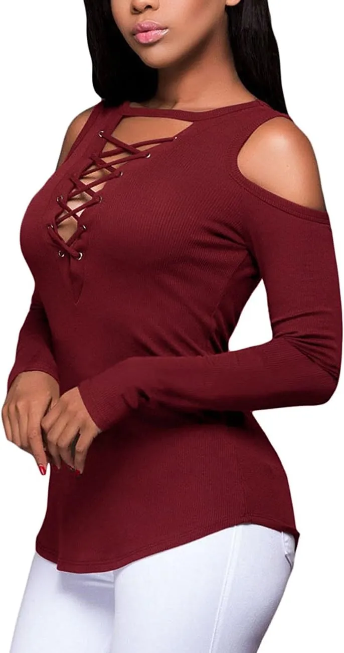 Women's Sexy V-Neck Cold Shoulder Long Sleeve Blouse Shirt Slim Lace-Up Ribbed Stretchy T-Shirt Top