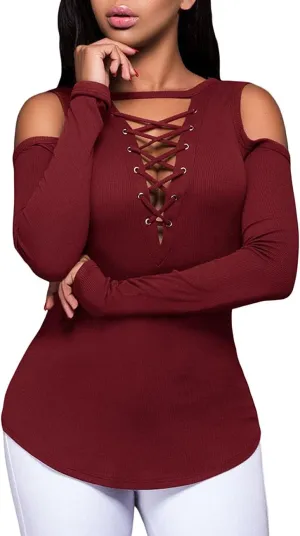 Women's Sexy V-Neck Cold Shoulder Long Sleeve Blouse Shirt Slim Lace-Up Ribbed Stretchy T-Shirt Top