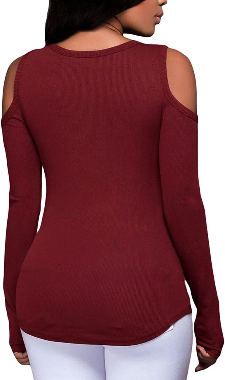 Women's Sexy V-Neck Cold Shoulder Long Sleeve Blouse Shirt Slim Lace-Up Ribbed Stretchy T-Shirt Top