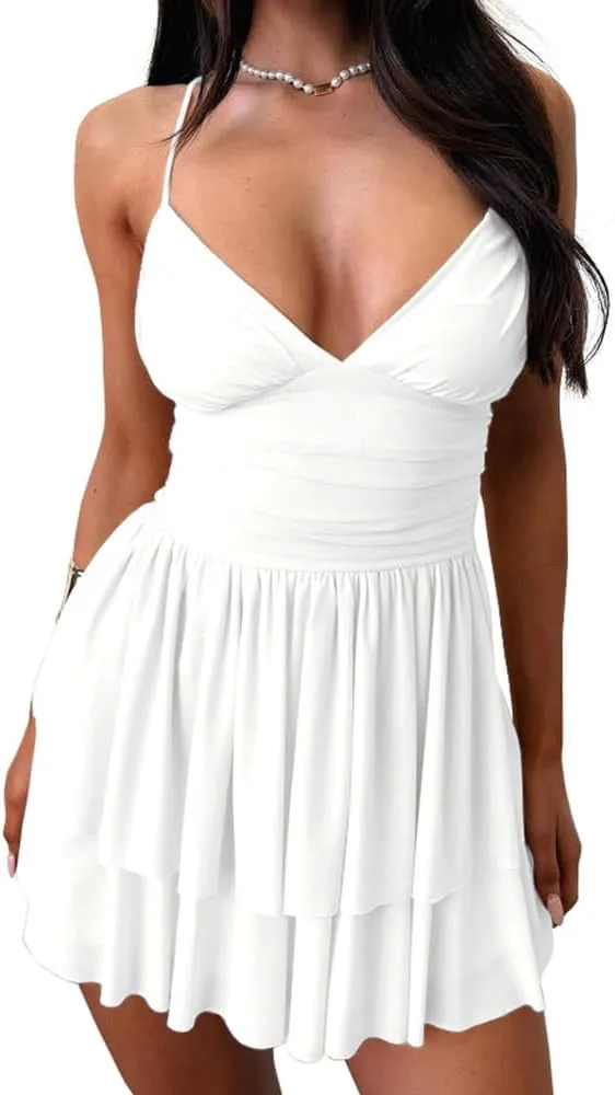 Women's Sexy V Neck Ruffled Hem Mesh Sleeveless Ruched Spaghetti Strap Flowy Mini Dress