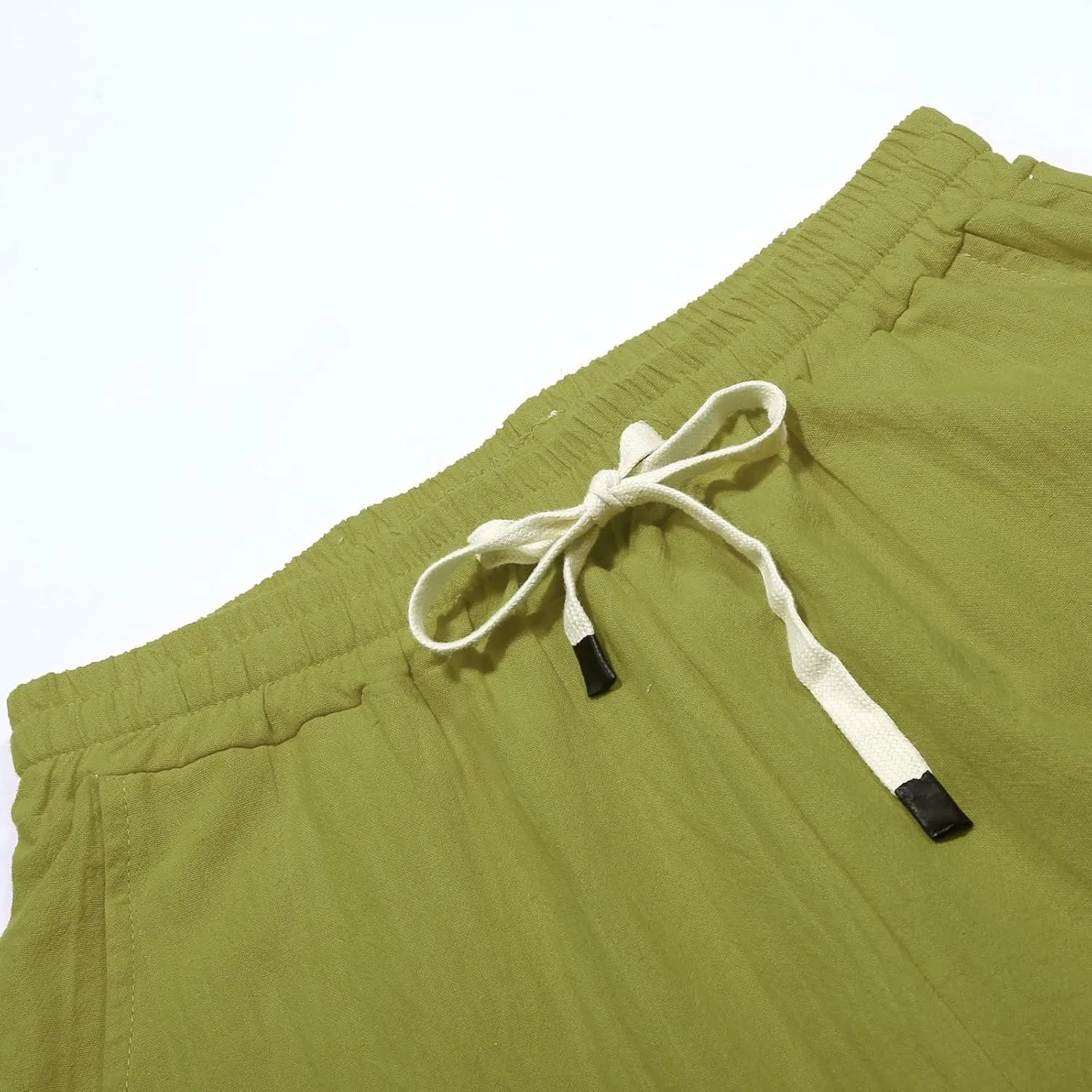 Womens Side Button Linen Pants for Summer Trendy Elastic Waist Straight Leg Loose Casual Cropped Trousers with Pocket